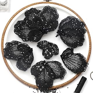 HHQ Handmade Rhinestones Applique Sewing Beads Stones Trim Lace Patches Sparkly Silvery Sew on Sequins Crystal Beaded Bodice Accessory for Wedding Dresses DIY Decorative Clothes (SJ01-BK)