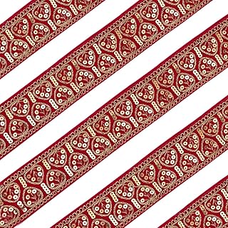 EmbroideryMaterial Ethnic Dark Magenta Velvet Lace with Golden Zari & Sequins Trim Laces and Borders Material for Saree, Lehenga, Dupatta, Craft, DIY Projects (5 CM Wide, 8 Meters Length)