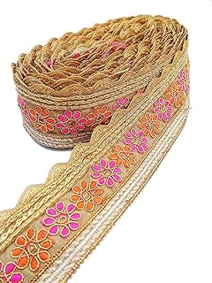 NEW BEST Pink and Orange Flower Cutting Design Embroidery Heavy Work Trim LSPACE Ribbon Decoration Border for Saree, urti, es, Bandhani, Lehenga (5.5 cm Width, 9 Meters) (Pink)