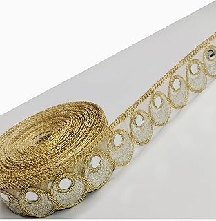 Chahat Lace Mirror Work Lace Border with Golden Zari Cutwork, 3.8 cm Width, 9 Meter Length, Gota Patti Ribbon Trim with Silver & Gold Zari