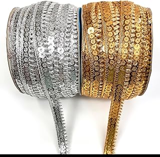 EmbroideryMaterial Combo of Shiny Sequence Sitara Zari Border Lace for Saree Border, Blouse, Dupatta Border, Lehenga, Kurti etc (18 Meters/Roll,15mm Wide)