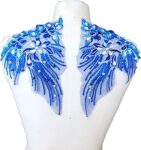 Mirror Pair Beaded Floral Applique Colorful Rhinestone Motif Embroidery Shoulder Jewelry Patch for Party Costumes Dance Dress(Sapphire)