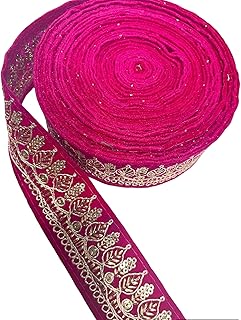1.50 Inch Wide Indian Saree Trim, Velvet Lace, Embroidered Border for Wedding Lehenga Dress, Duppata, Silk Ribbon - 9 Meter (Rani Pink)