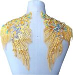 Mirror Pair Beaded Floral Applique Colorful Rhinestone Motif Embroidery Shoulder Jewelry Patch for Party Costumes Dance Dress(Gold)