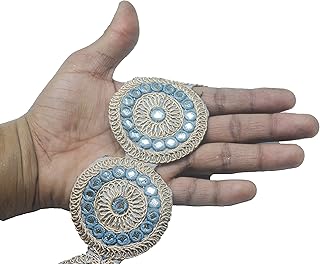 CRAFT LOVE Round Mirror Lace Net Flower Designed with Zari 9.2 Yards/ 8.5 Meters for Sewing Decoration & Crafts (6 cm Wide) (Gray)