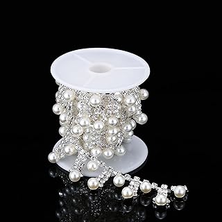Rytenz 1 Yard Pearl Rhinestone Trim, Crystal Close Chain Applique, Ideal for DIY Decoration Sewing Crafts Wedding Bridal Party Clothing Accessories (Tassel Pearl-3)