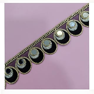 Chahat Lace Decorative Mirror Work Lace Border, Black and Gold, 3.8 cm Width, 9 Meter Roll for Saree, Dress, Blouse Embellishment