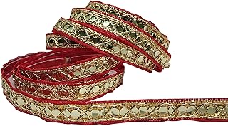 Utkarsh Wg0085 Red and Golden Lace Gota Patti with Mix Design Machine Made Embroidery Lace Border with 1.27 cm Width and 9 Mtr Long Lace Reel