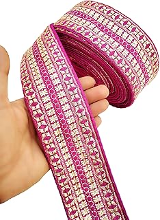 CARTZEYE Embroidery Gold Work Lace Border Decorative Ribbon for Saree, Dress, Kurti, Bandhani, Lehenga - 7 cm Width (9 Meter, Pink)