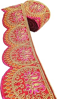 CARTZEYE Embroidery Red, Pink, Orange & Gold Heavy Work Trim Lace Border for Saree, Kurti, Dresses, Bandhani, Lehenga, Decorative Ribbon 11 cm Width, 9 m, Red