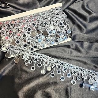Mohan Shoppe Mirror Work Hanging Lace for Suits Kurties Bags Dresses Dupatta etc. Pack of 1 roll (9 Meters) Approx. (Metallic Grey)