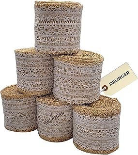 DELINGER Natural Jute Burlap Ribbon with White Lace and Jute Twine for DIY Projects, Party Décor, Gift-Wrapping, Vintage Wedding Home Décor, Scrapbooking (Pack of 1)