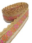 HIMAN FRENJNI Pink and Orange Flower Cutting Design Ribbon Embroidery Heavy Work Trim Lace Border for Saree, Kurti, Dresses, Bandhani, Lehenga (5.5 cm Width, 9 m, Golden)