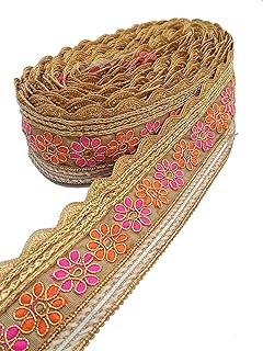 HIMAN FRENJNI Pink and Orange Flower Cutting Design Ribbon Embroidery Heavy Work Trim Lace Border for Saree, Kurti, Dresses, Bandhani, Lehenga (5.5 cm Width, 9 m, Golden)