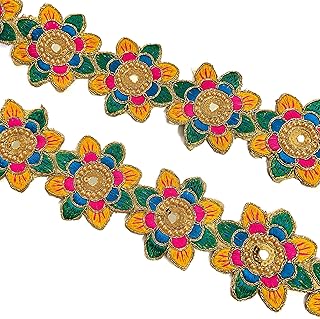 Ushaworks Multicolor Floral Gota Patti Flower Lace Trim, 1mtr x 13pcs, Metallic Thread, Beads, Ethnic, Formal/Celebratory, Ideal for Ethnic Wear & DIY Crafts