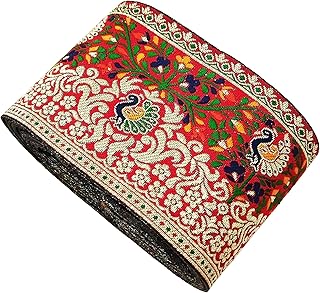 FRIJVEN Jacquard Woven Heavy Design Falls Lace Border for Saree, Kurti, Dress, Bandhani, Lehenga, Decorative Ribbon - 9 cm Width (9 Meter, Gold, Red)