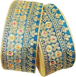 CARTZEYE Embroidery Heavy Golden Work Lace Borders Falls Trim for Saree, Dresses, Dupatta, Skirt, Lehengas, Kurti, Decorative Ribbon (7 cm Width) (3 Meter, Turquoise)