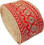 HIMAN FRENJNI Women's Fabric Ethnic Wear Red Lace and Golden Flower Design with Golden Piping Ribbon Embroidery Heavy Work Lace Border for Saree, Kurti, Dresses, Bandhani, Lehenga