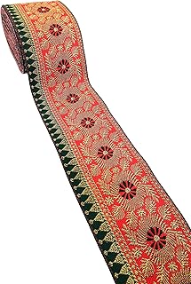 CARTZEYE Lace Border for Saree Falls Reel Jacquard Woven Heavy Design Work for Saree, Kurti, Dresses, Bandhani, Lehenga, Decorative Ribbon - 7 cm Width (Red + Green, 6 Meter)