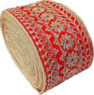 FRIJVEN Golden Flower Design Red Lace with Golden Piping Ribbon Embroidery Heavy Work Lace Border Falls for Saree, Kurti, Dresses, Bandhani, Lehenga (Width : 7.5 cm) (9 Meter, Red)