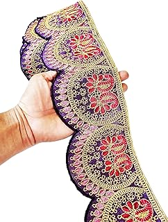 CARTZEYE Embroidery Wine, Pink, Red & Golden Heavy Work Trim Lace Border for Saree, Kurti, Dresses, Bandhani, Lehenga, Decorative Ribbon (11 cm Width, Wine, 4.5 Meter)