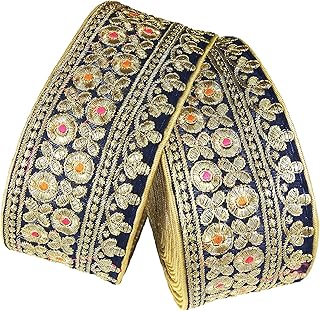 CARTZEYE Embroidery Heavy Golden Work Lace Borders Falls Trim for Saree, Dresses, Dupatta, Skirt, Lehengas, Kurti, Decorative Ribbon (7 cm Width) (3 Meter, Navy Blue)
