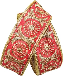 FRIJVEN Embroidery Golden Heavy Work Trim Lace Border for Saree, Dresses, Blouse, Bandhani, Dupatta, Lehenga, Decorative Falls Ribbon 9 Meters (5 cm Width) (Pink)