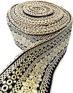 CARTZEYE Embroidery Heavy Work Trim Lace Border with Mounted Shiny Beads Decorative Ribbon for Saree, Kurti, Dresses, Bandhani, Lehenga - 8 cm Width (6 Meter, Navy Blue)