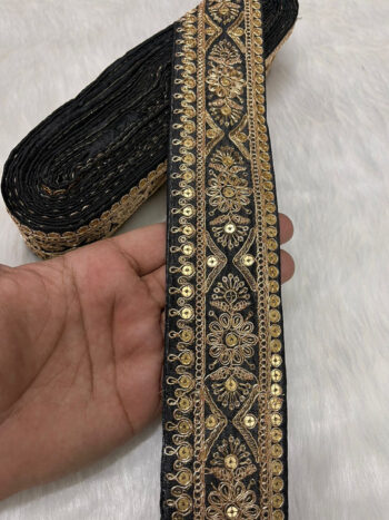 Embroidered Zari Lace ? Indian Wedding Trims, Saree Border, 2 Inch Wide Lace Reel (9 Mtr) | Black