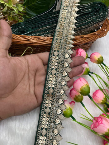 Beautiful Silk-Based Sequins Work Embroidery Trim - Elegant and Versatile | Bottle Green
