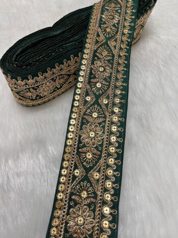 Embroidered Zari Lace ? Indian Wedding Trims, Saree Border, 2 Inch Wide Lace Reel (9 Mtr) | Bottle Green