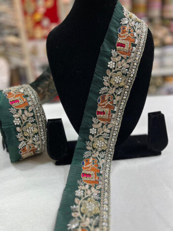 Elephant Handwork Cutdana & Pearl Embroidered Lace Border – 9 Meters, 3-Inch Width | Bottle Green