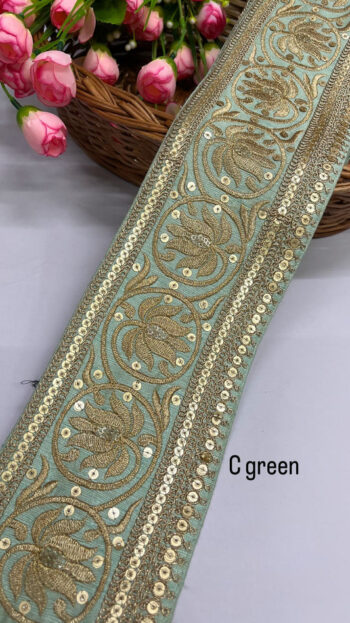 Embroidered Designer Lace Trim for Lehengas ? 9 Meters, 4-Inch Width | C Green