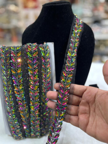 Crystal Stone Beaded Handmade Lace on Net Fabric ? 9 Meters, 1-Inch Width | Dark Multi