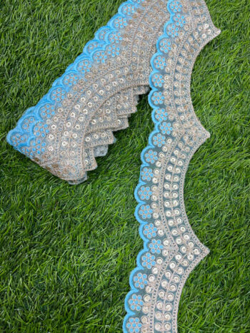 Embroidery Scallop Lace | Sequins Embellishment Trim | Craft Decorative Saree Lace ? 9 Meters, 2-Inch Width | Firozi
