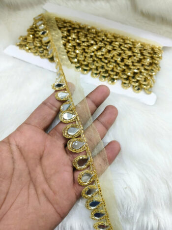 Handmade Cutdana Mirror Work Lace Borders ? Premium Quality, Intricate Embellishments for Sarees, Lehengas, Dupattas, and Luxury Home Decor - Gold