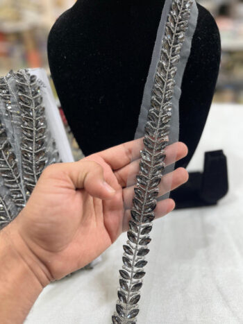 Crystal Stone Beaded Handmade Lace on Net Fabric ? 9 Meters, 1-Inch Width | Grey