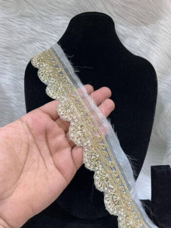 Scalloped Zardosi Handcrafted Lace ? 9 Meters, 1.5-Inch Embellished Handmade Border for Sarees & Lehengas | Light Gold