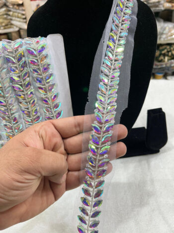 Crystal Stone Beaded Handmade Lace on Net Fabric ? 9 Meters, 1-Inch Width | Light Multi