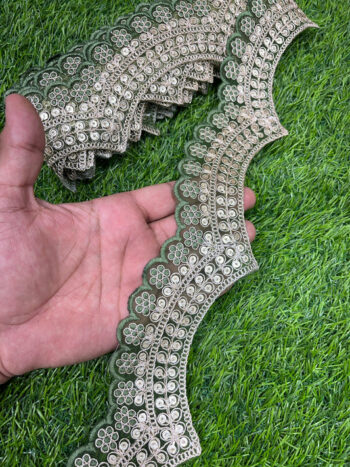 Embroidery Scallop Lace | Sequins Embellishment Trim | Craft Decorative Saree Lace ? 9 Meters, 2-Inch Width | Mahendi