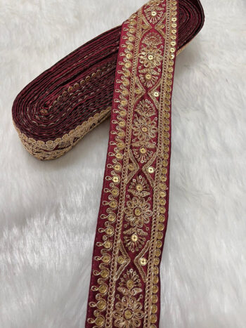 Embroidered Zari Lace ? Indian Wedding Trims, Saree Border, 2 Inch Wide Lace Reel (9 Mtr) | Maroon