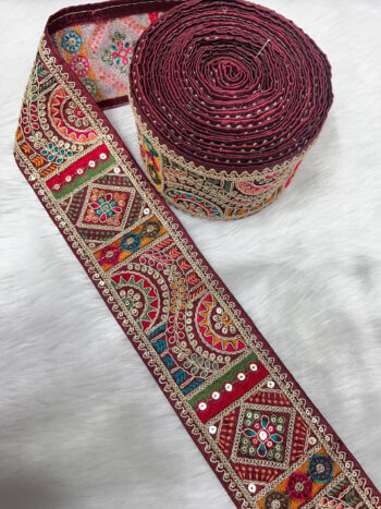 3 Inch Indian Saree Lace Border Embroidered Trim – Floral Decorative Ribbon for Art Quilts & Craft Projects (9 Meter) | Maroon