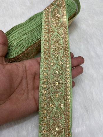 Embroidered Zari Lace ? Indian Wedding Trims, Saree Border, 2 Inch Wide Lace Reel (9 Mtr) | Pastel Green