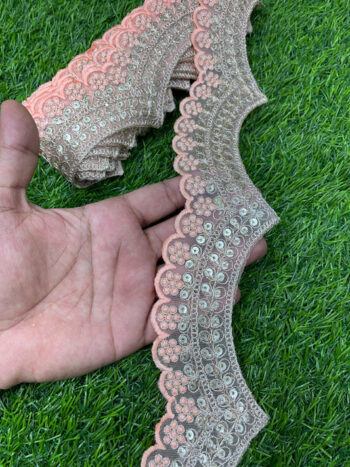 Embroidery Scallop Lace | Sequins Embellishment Trim | Craft Decorative Saree Lace ? 9 Meters, 2-Inch Width | Peach