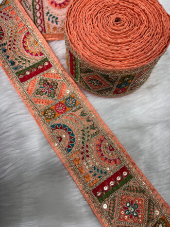 3 Inch Indian Saree Lace Border Embroidered Trim – Floral Decorative Ribbon for Art Quilts & Craft Projects (9 Meter) | Peach