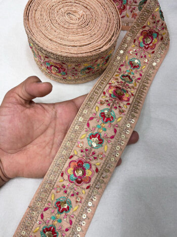 Embroidery Lace Embellishment Trim ? 9 Meters, 3-Inch Width, Decorative Border | Peach