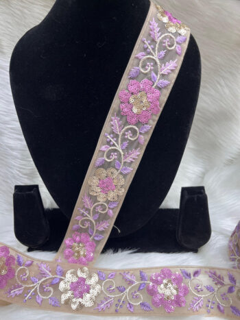 Beautiful Sequence Lace Trim on Net Fabric - 9 Meter | Purple