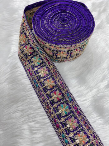 2.5 Inches Decorative Sequin Thread Embroidered Indian Mustard Sari Silk Dupatta Border Ribbon (9 Meter) | Purple