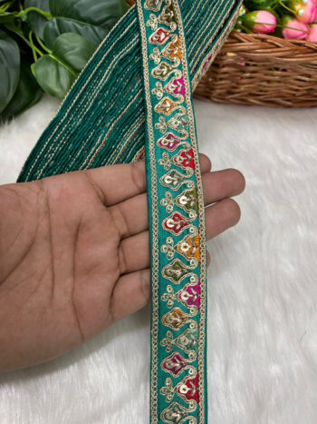 Sabyasachi-Inspired Embroidered Designer Lace Border ? 9 Meter Roll, 1 Inch Wide for Ethnic & Creative Projects | Rama Green