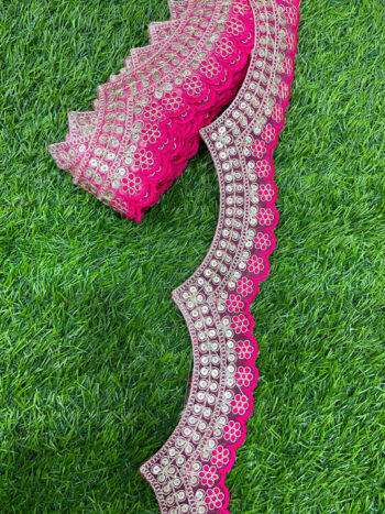 Embroidery Scallop Lace | Sequins Embellishment Trim | Craft Decorative Saree Lace ? 9 Meters, 2-Inch Width | Rani Pink